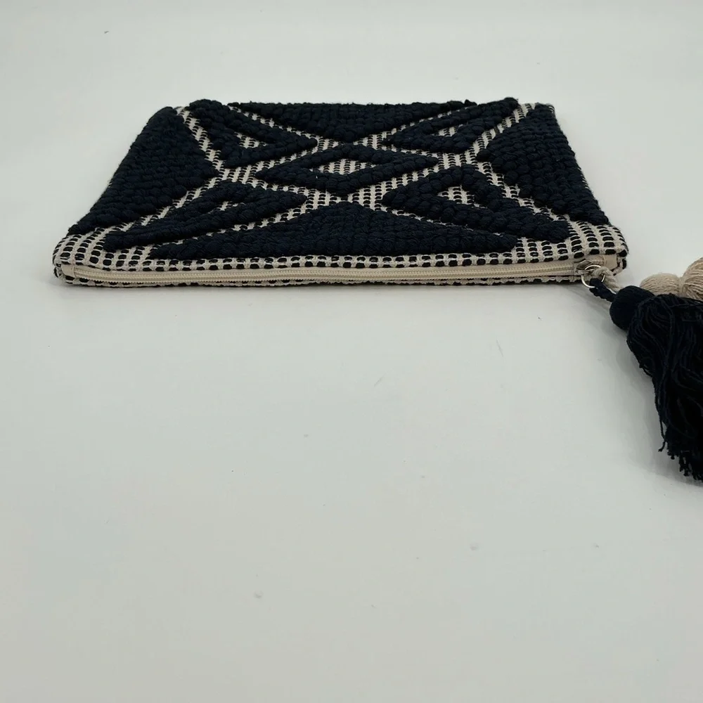 Navy and Cream Bohemian Geometric Patterned Clutch with tassel